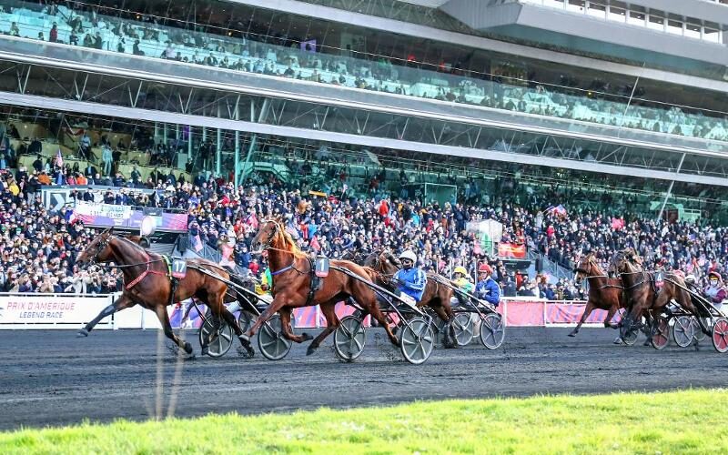 Des trotteurs galopent devant la tribune principale pendant une course du meeting d'hiver de Vincennes.