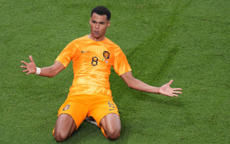 Cody Gakpo glijdt op zijn knieën bij het vieren van een doelpunt.